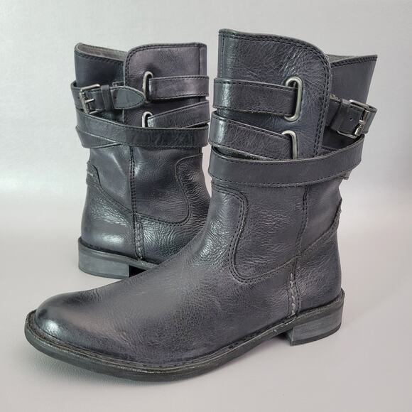 BUSSOLA Sevilla Leather Boots Black Side Zip Size 7 EU 37 Moto Mid Calf Grunge - Picture 1 of 8